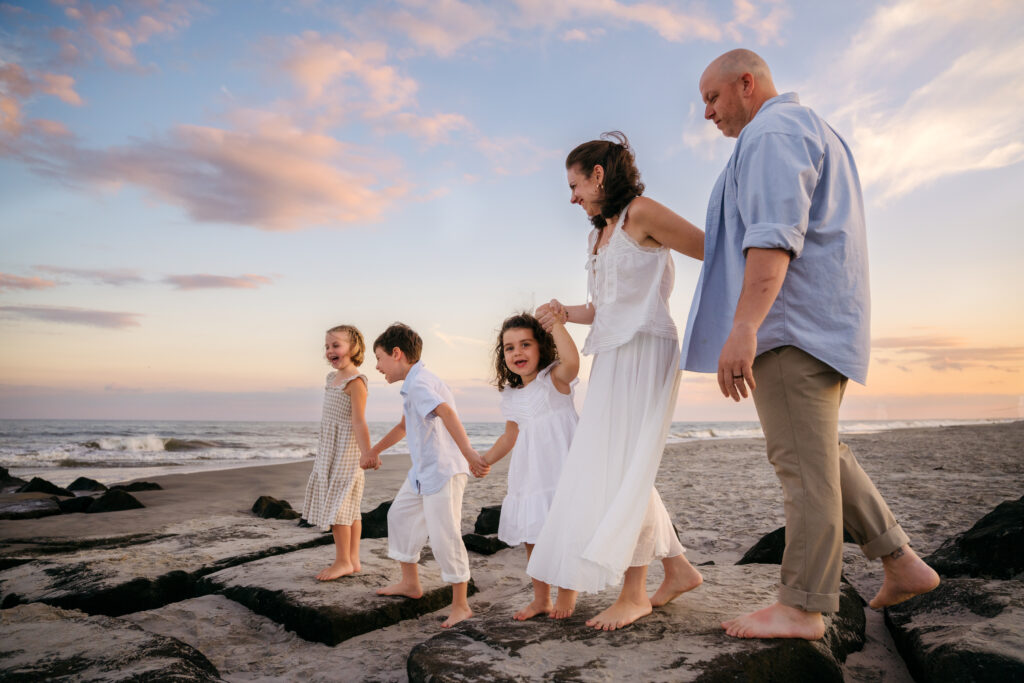New Jersey family of 5 having fun on beach.